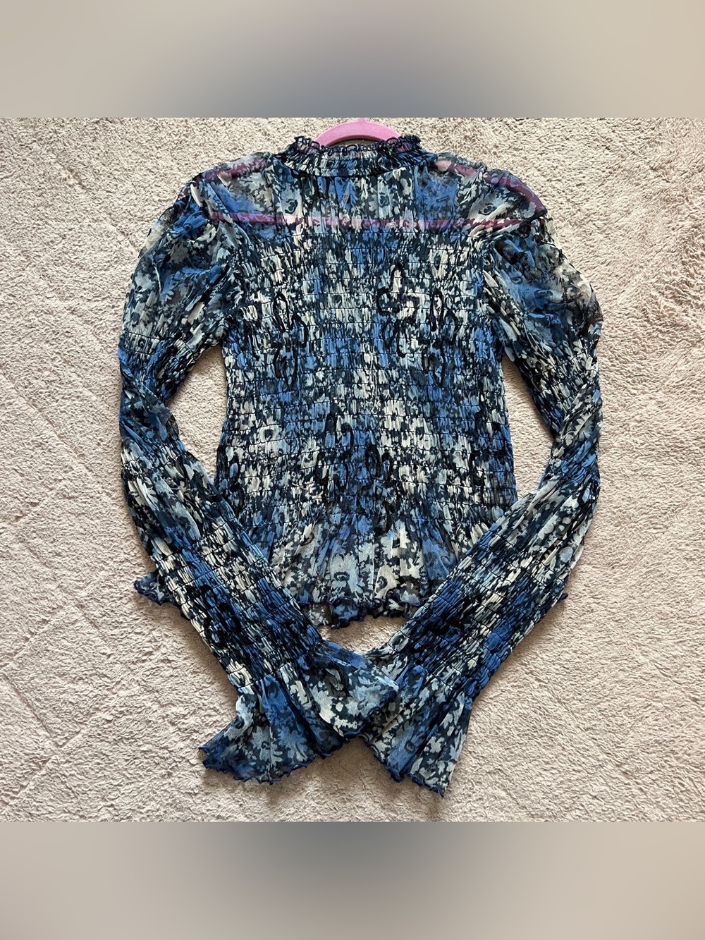 Free People Hello There Floral Mesh Top Boho Ruched Stretchy Preppy Size L